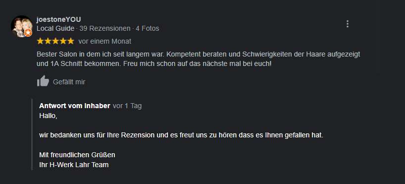 Screenshot der Antwort auf eine Google Bewertung